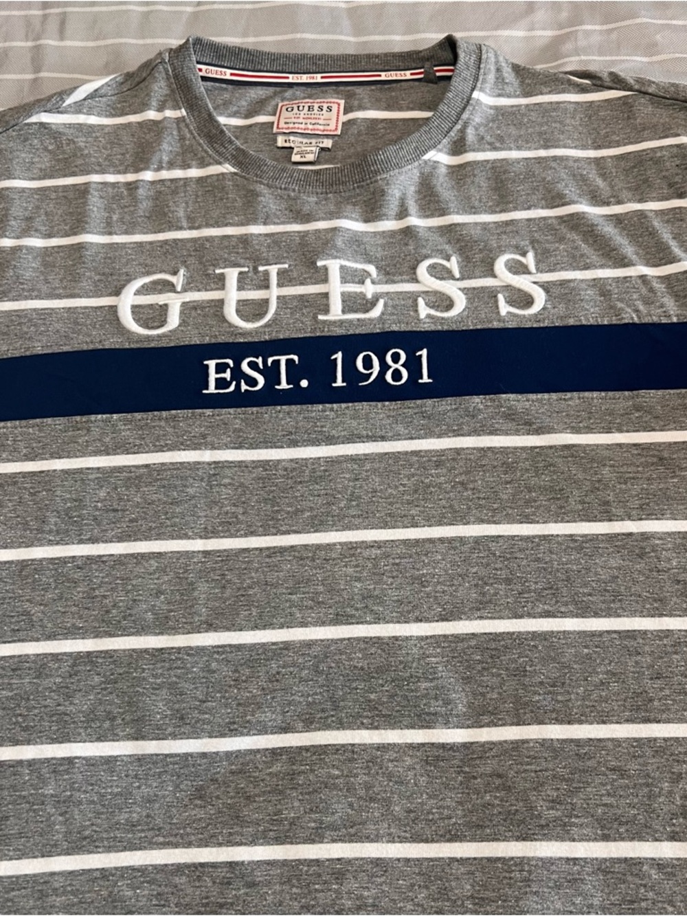 Guess Originals Men's Short Sleeve Striped Tee in Gray, White & Navy